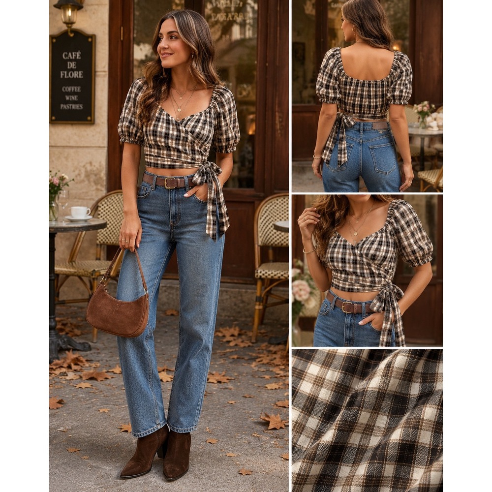 Better Be Plaid Wrap Crop Top Brown White Puff Sleeve Surplice Tie Side Medium